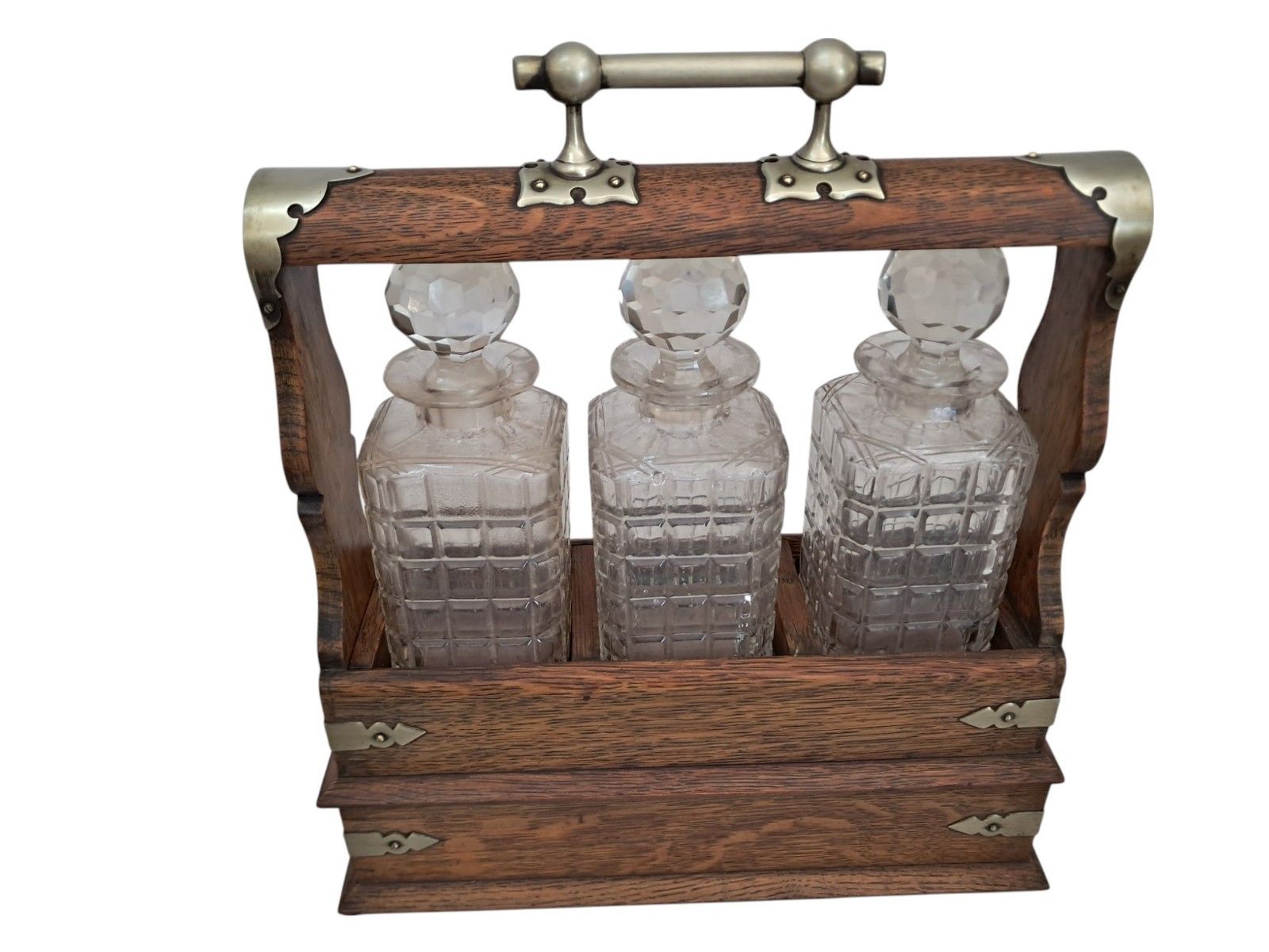 photo furniture Antique Locking Tantalus + Three Decanters Oak & Brass Victorian Decanter Caddy