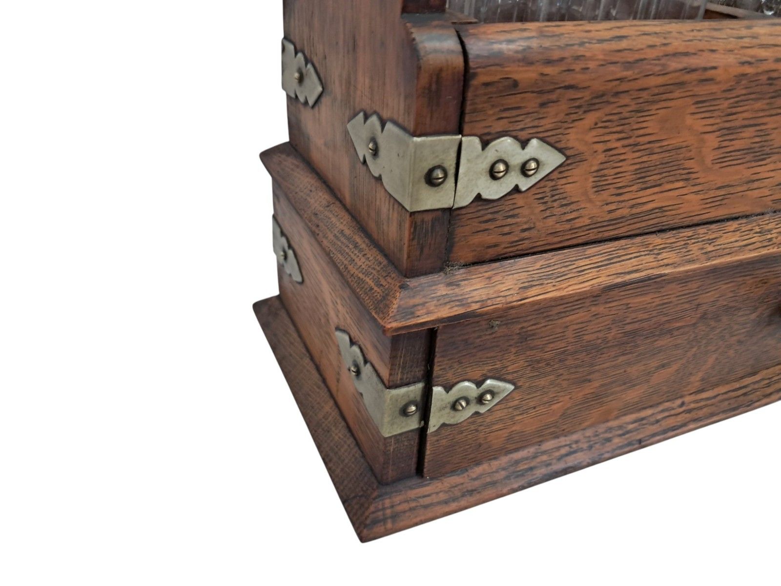 photo vinterior Antique Locking Tantalus + Three Decanters Oak & Brass Victorian Decanter Caddy