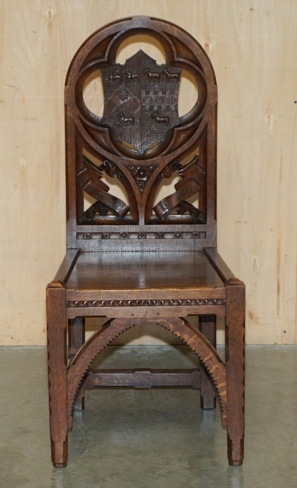Antique Carved English Oak Side Hall Chair With Armorial Crest Coat Of Arms photo for sale