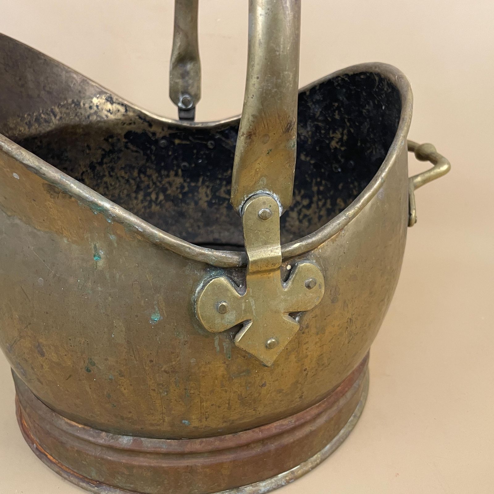 Antique Metal Gold Brass Coal Bucket Handle Fireside Fire Side Scuttle Log Helmet Farmhouse Cottage Aged Patina Vintage Fireplace Logs photo for sale