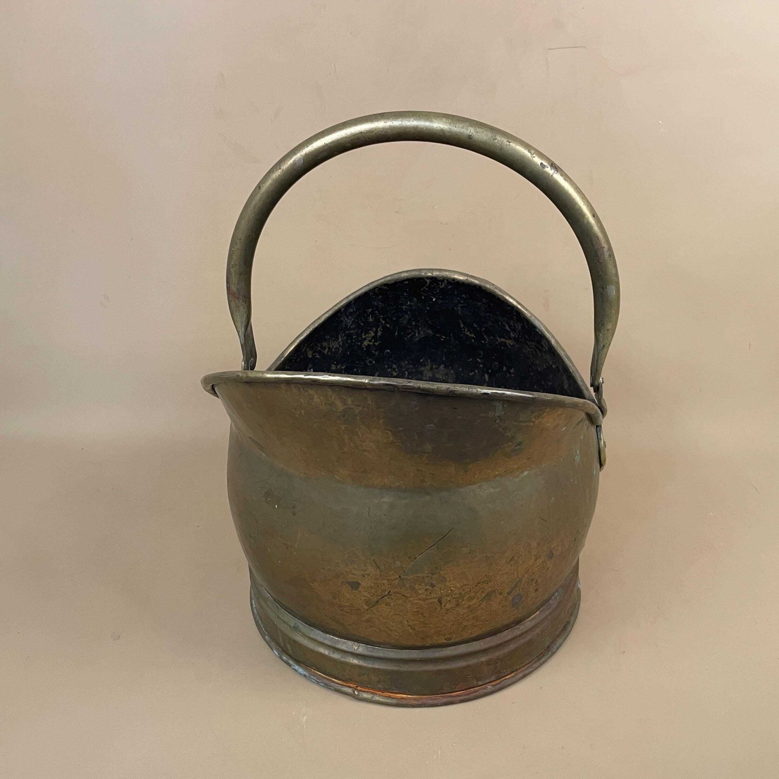 Antique Metal Gold Brass Coal Bucket Handle Fireside Fire Side Scuttle Log Helmet Farmhouse Cottage Aged Patina Vintage Fireplace Logs photo Home Fixtures
