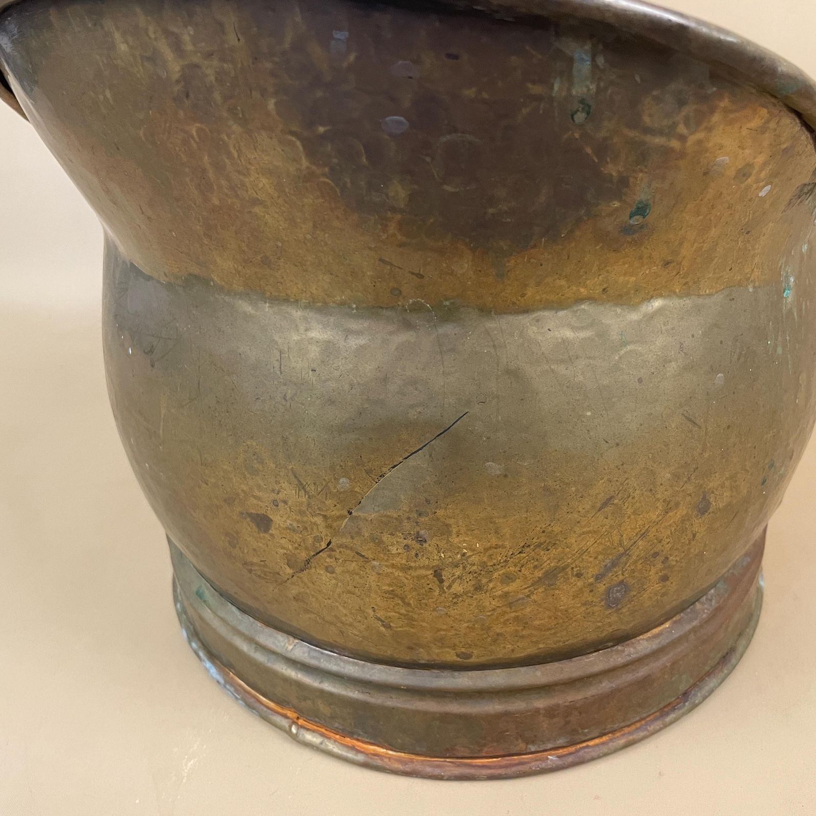 photo for sale Antique Metal Gold Brass Coal Bucket Handle Fireside Fire Side Scuttle Log Helmet Farmhouse Cottage Aged Patina Vintage Fireplace Logs