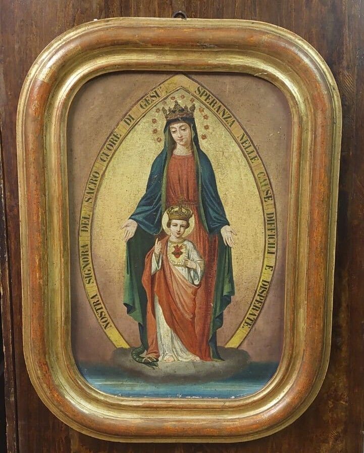 Madonna And Child Canvas Painting Original Gilded Frame 19th Century