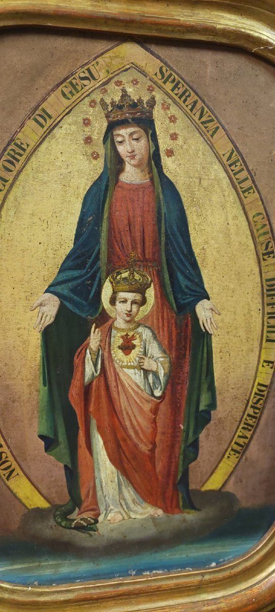 Madonna And Child Canvas Painting Original Gilded Frame 19th Century photo Art