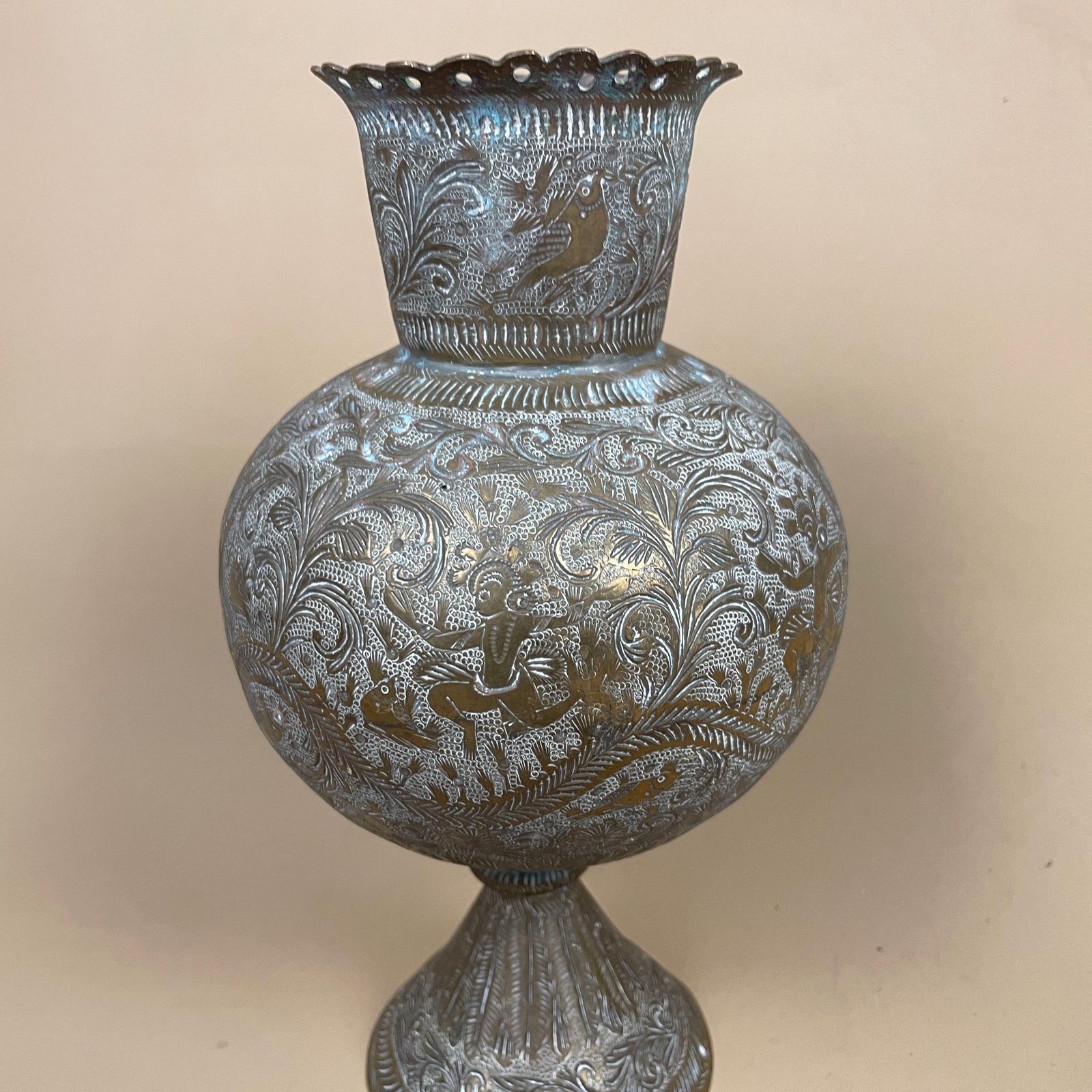 Antique Metal Gold Indian Patterned Brass Plant Pot Vase Jug Planter Jardiniere Handmade Engraved Etched Intricate Vintage Decorative Asian photo for sale