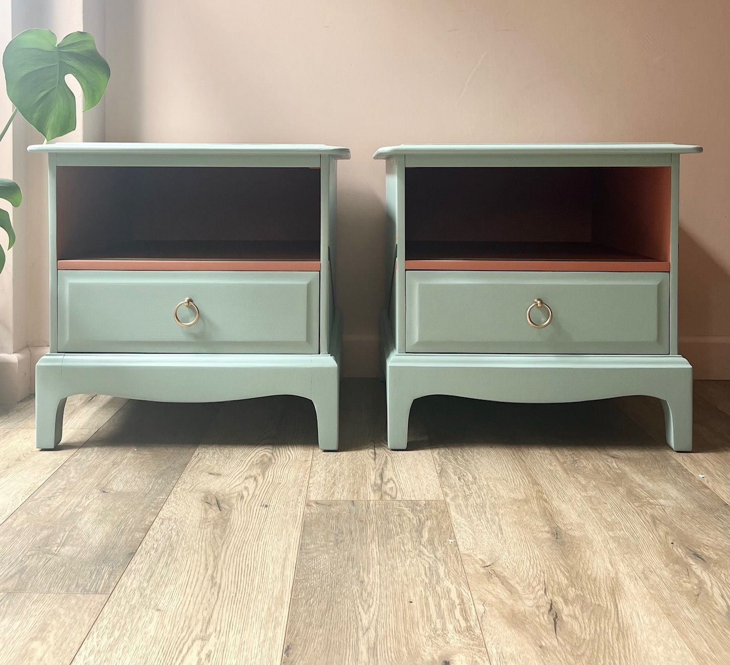 Pair Of Stag Minstrel Bedside Tables With Storage Nook, Professionally Painted In Duck Egg Blue With Accents Of Terracotta, Mustard And Navy photo for sale