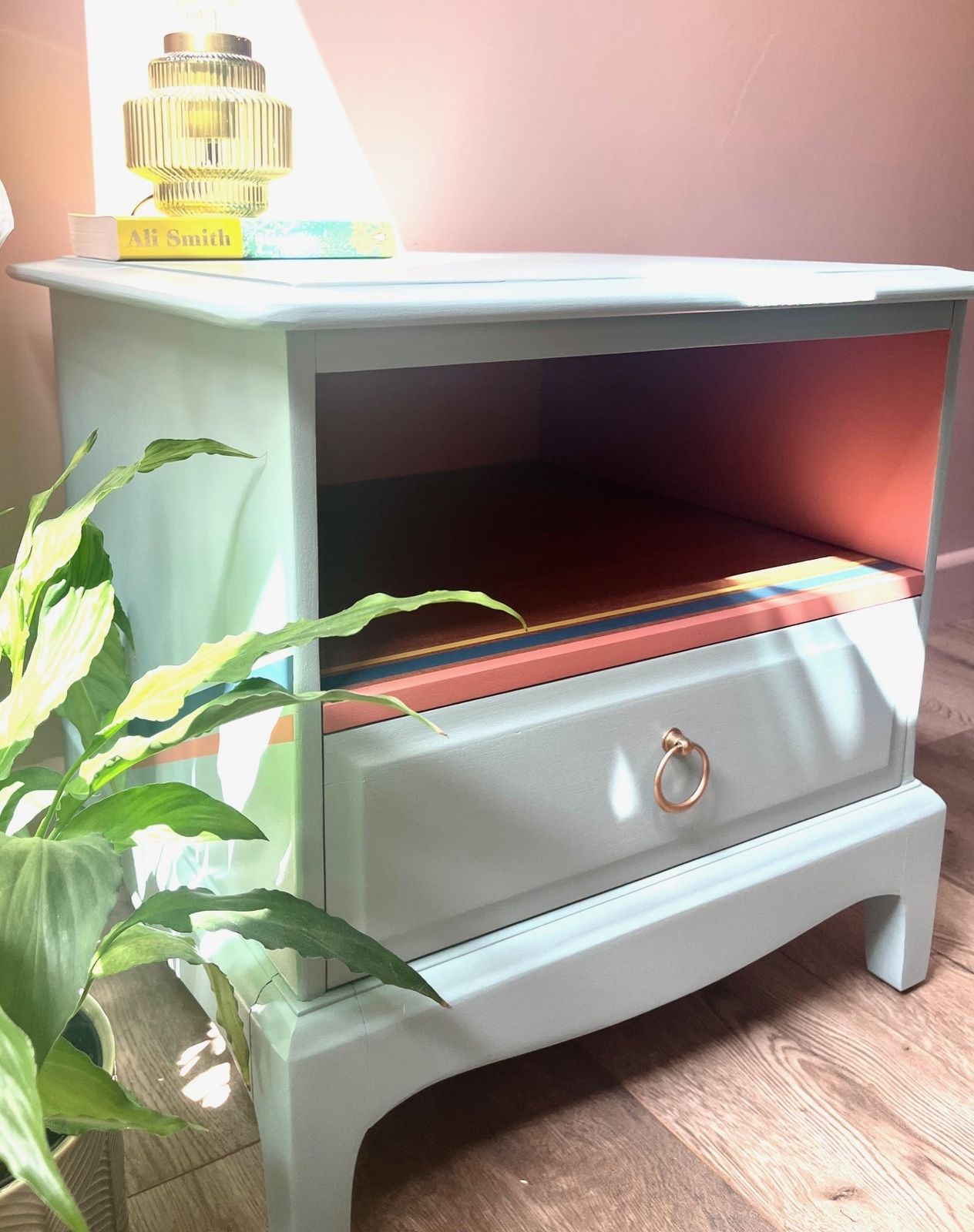Pair Of Stag Minstrel Bedside Tables With Storage Nook, Professionally Painted In Duck Egg Blue With Accents Of Terracotta, Mustard And Navy photo vinterior