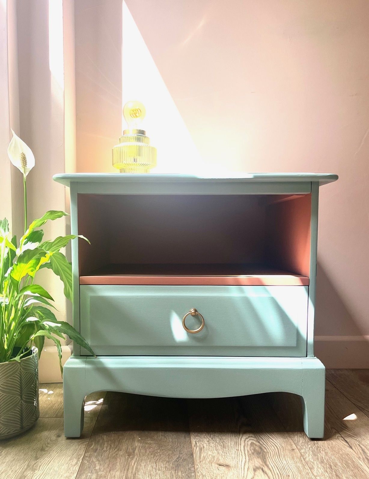Pair Of Stag Minstrel Bedside Tables With Storage Nook, Professionally Painted In Duck Egg Blue With Accents Of Terracotta, Mustard And Navy photo buy