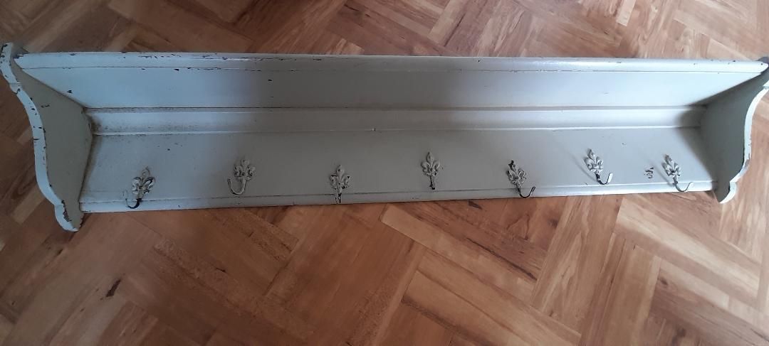 Vintage Solid Wood Wall Coat Rack Hat 7 Metal Hooks 121cmw Grey Green Gc