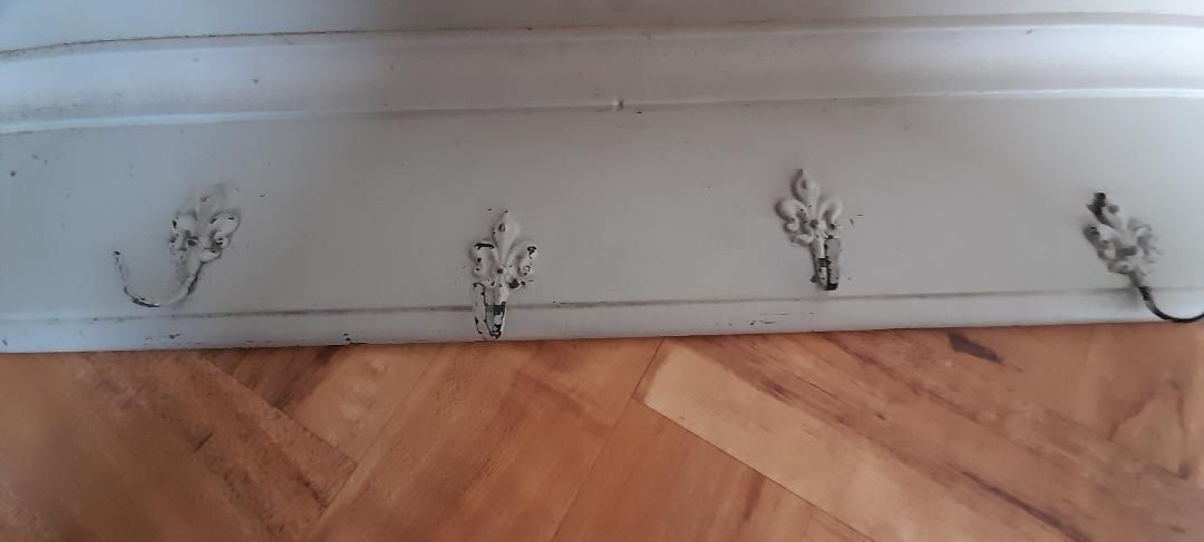photo for sale Vintage Solid Wood Wall Coat Rack Hat 7 Metal Hooks 121cmw Grey Green Gc