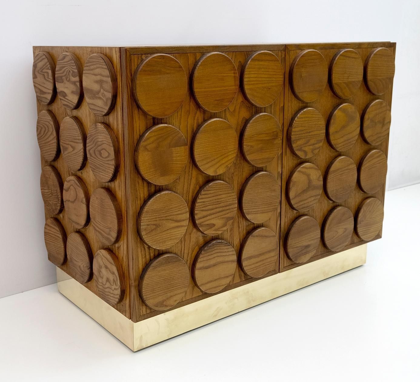 Brutalist Italian Chestnut Wood And Brass Bar Cabinet, 1970s photo furniture