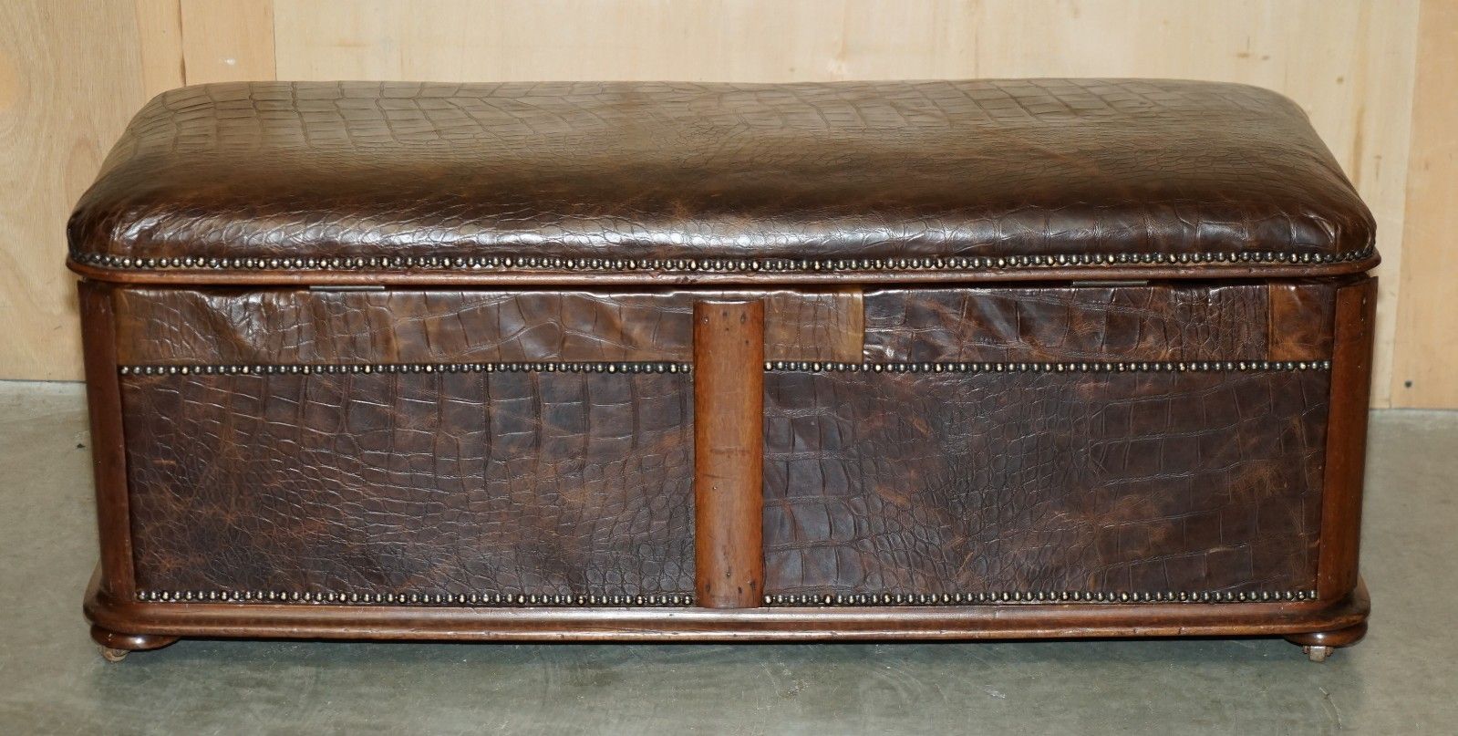 Furniture Antique 1860 Mahogany Alligator Crocodile Patina Brown Leather Ottoman Trunk photo