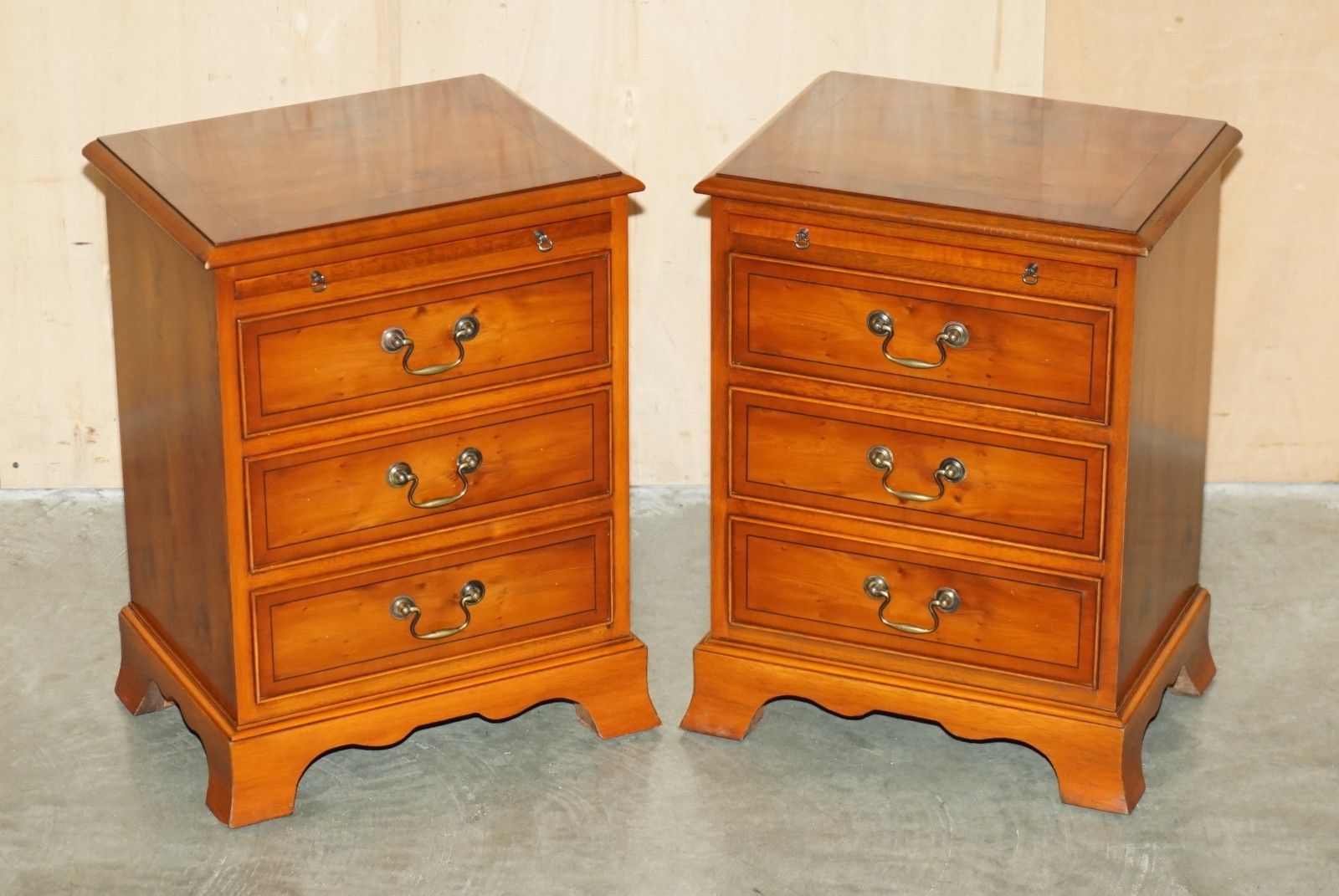 Pair Of Bradley Furniture Burr Yew Bedside Table Nightstand Drawers Butlers Tray photo furniture