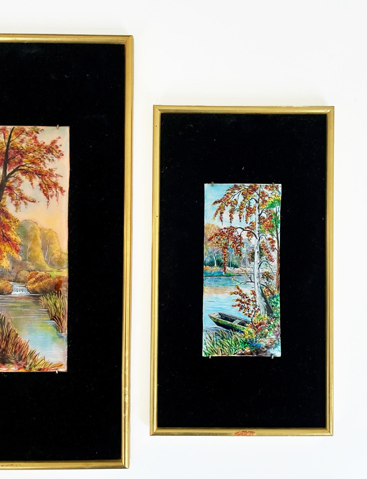 Pair Of Signed P. Bonnet Limoges Enamel Landscape Paintings On Velvet Background, 20th Century photo Art