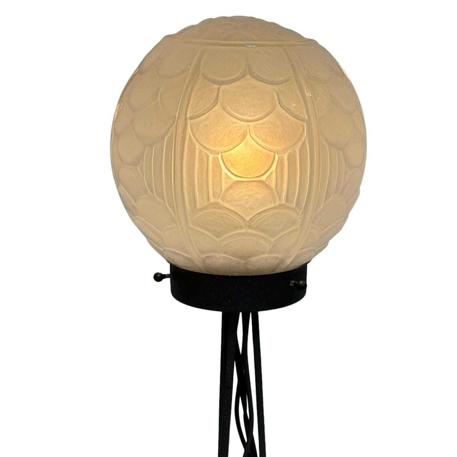 Art Deco   Table Lamp   Satin Glass Dome Resting On Wrought Iron Base   France   Ca. 1930's photo vinterior
