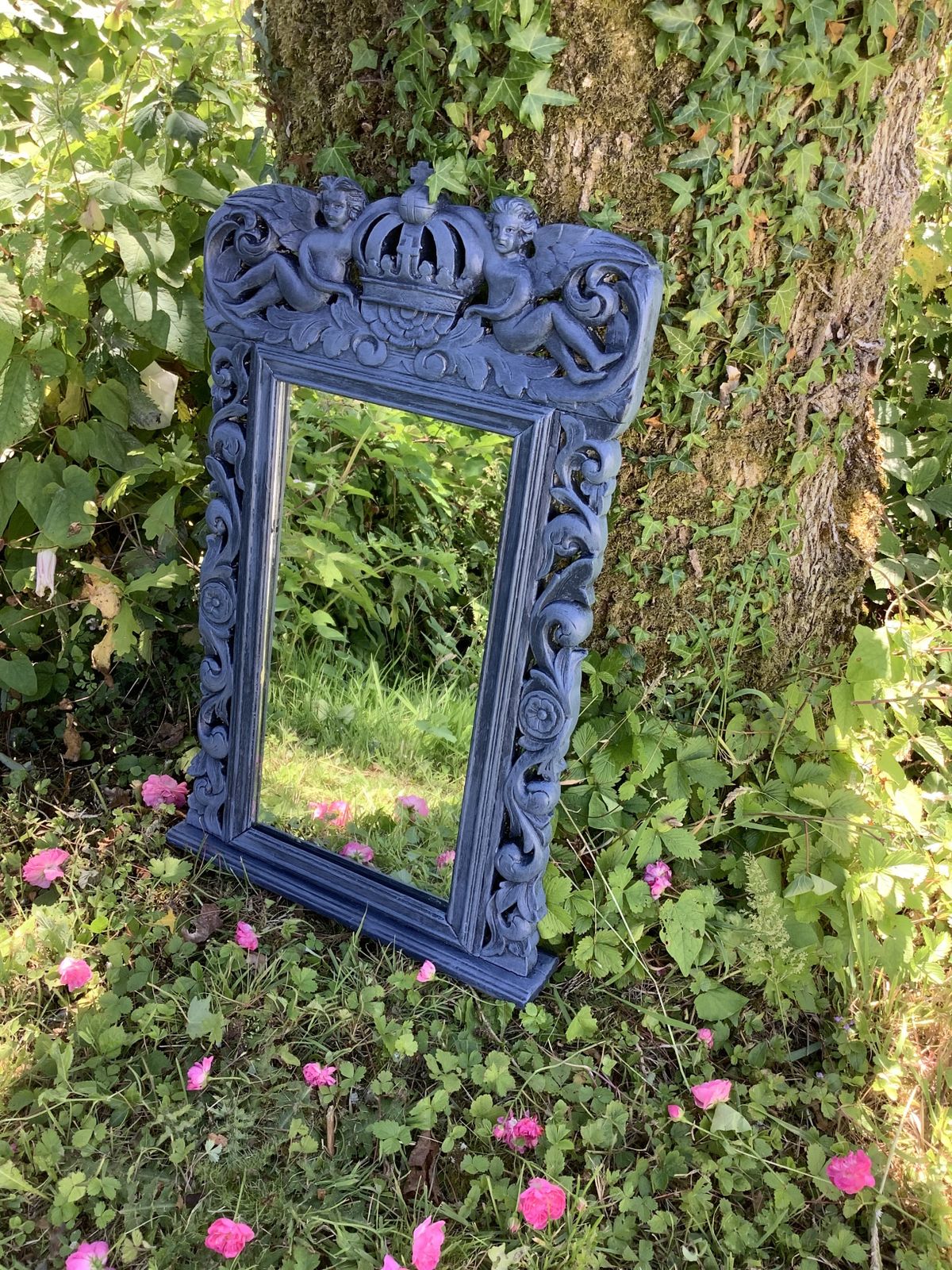 A Beautiful, Blue Carved Mirror With Angels ,Crown And Floral Design. photo furniture
