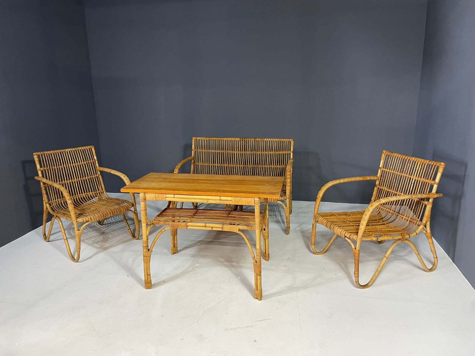 Art Deco Rattan Seating Set, Central Europe, 1930s–1940s photo vinterior