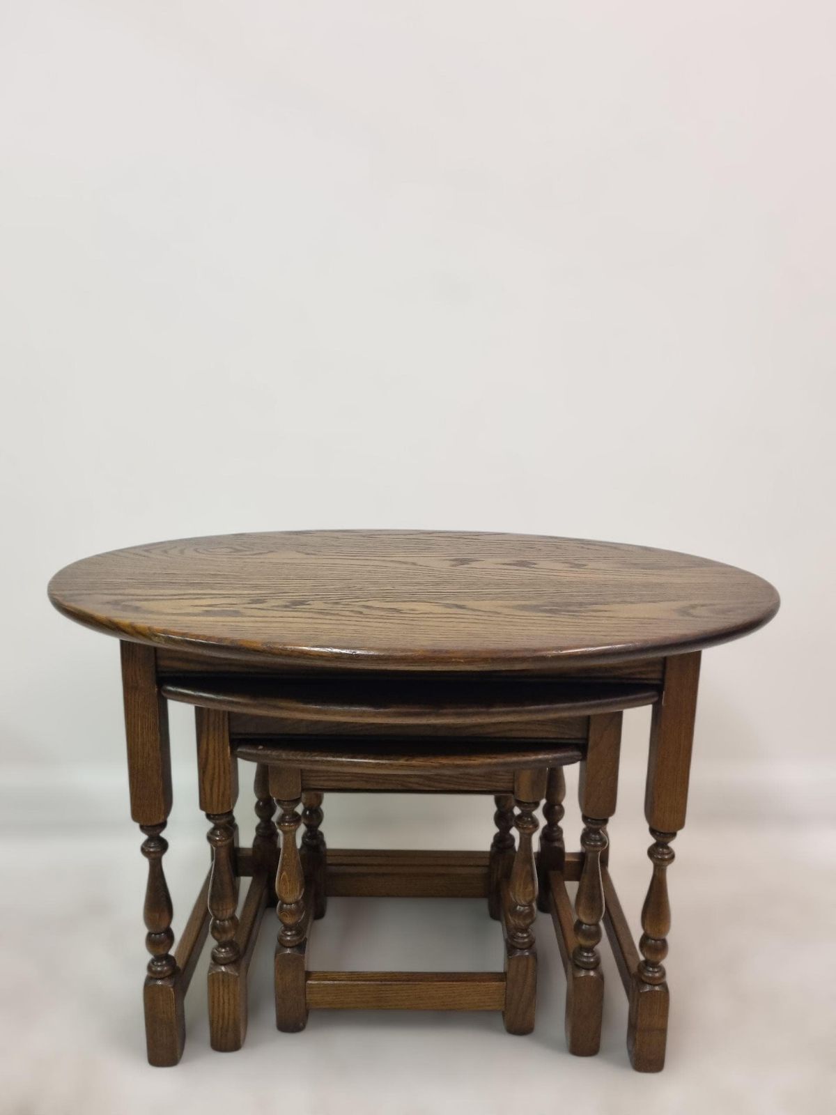 Vintage Old Charm Wood Bros / Oval Oak Nest Of 3 Tables / C1970 photo for sale