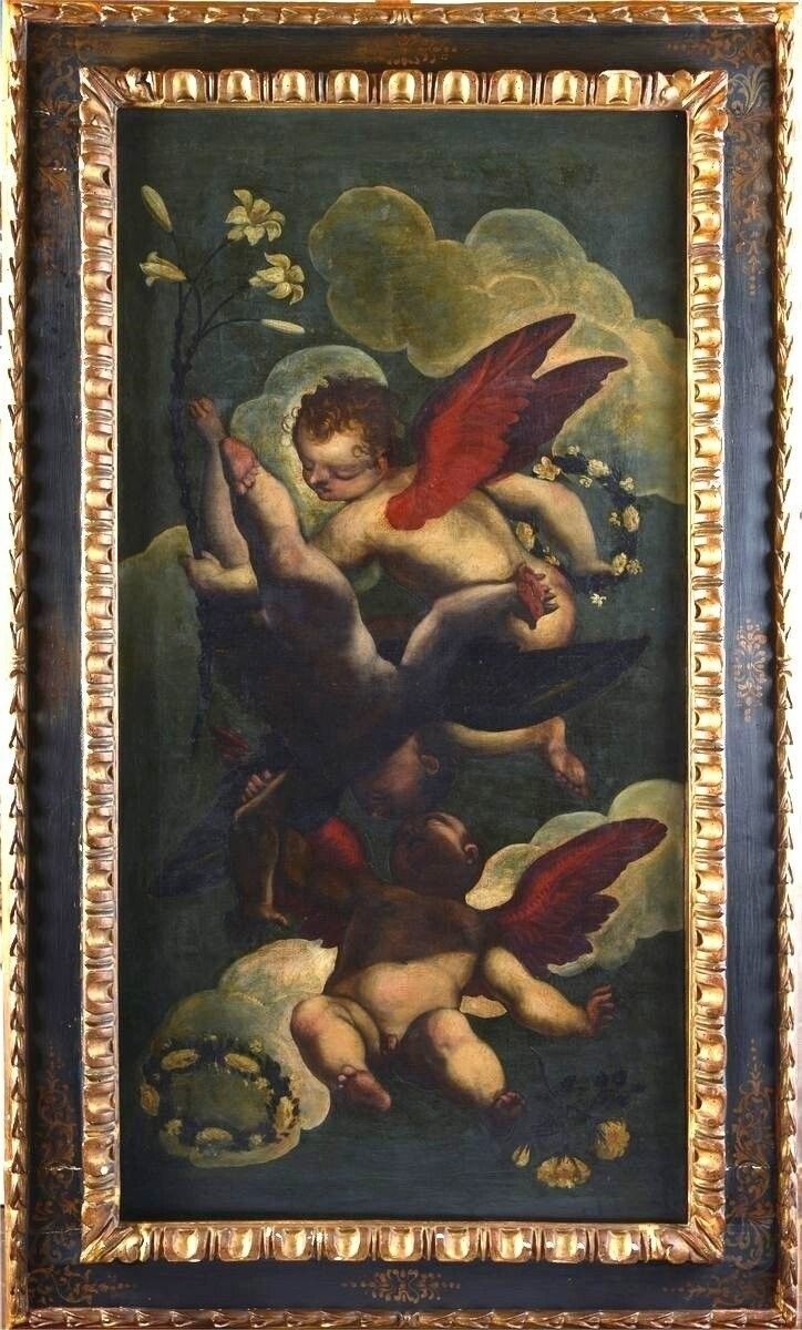 Large Antique Oil Painting On Canvas, 17th Century Venetian School, Antique Frame photo vinterior