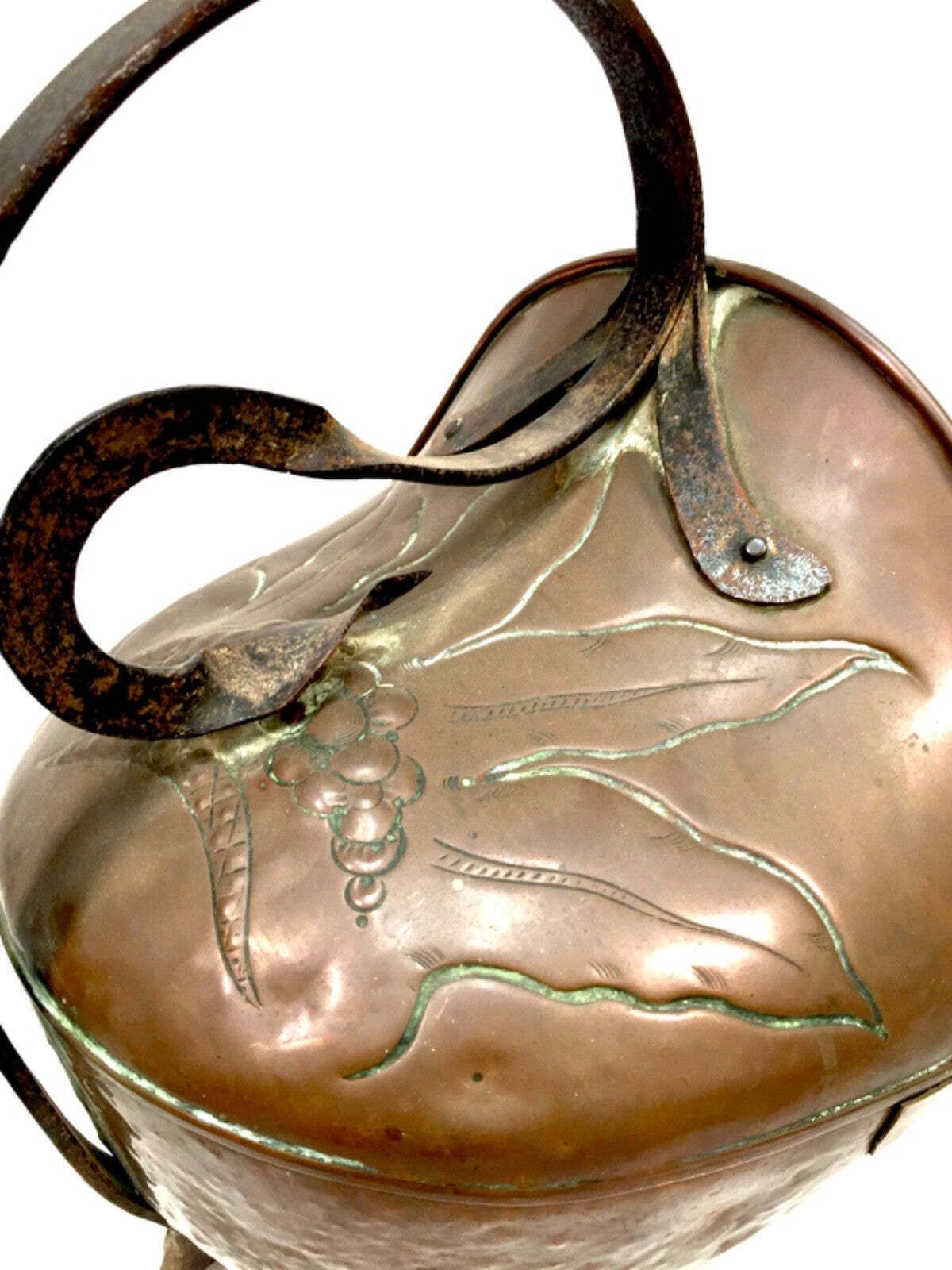 Antique Copper Coal Helemt Scuttle With Brass Legs Art Nouveau / 19th Century photo for sale