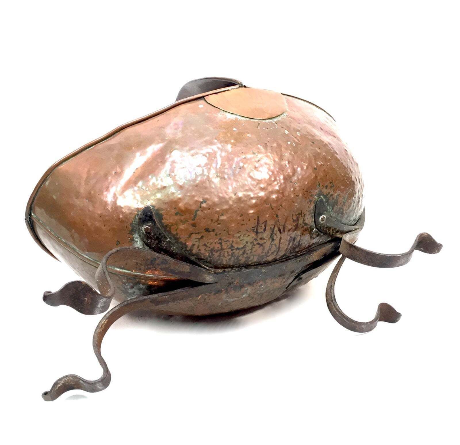 Antique Copper Coal Helemt Scuttle With Brass Legs Art Nouveau / 19th Century photo vintage