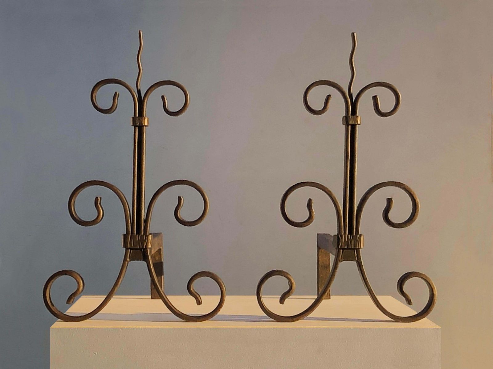 Pair Of Wrought Iron Art Deco Neoclassical Shabby Chic Andirons, France 1930 photo buy