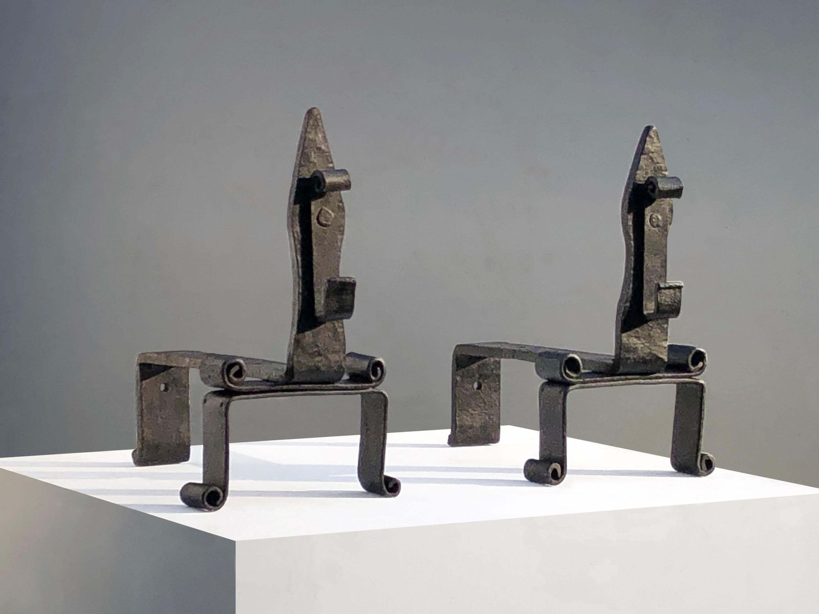 Pair Of Brutalist Neoclassical Shabby Chic Wrought Iron Andirons, France 1960 photo vinterior