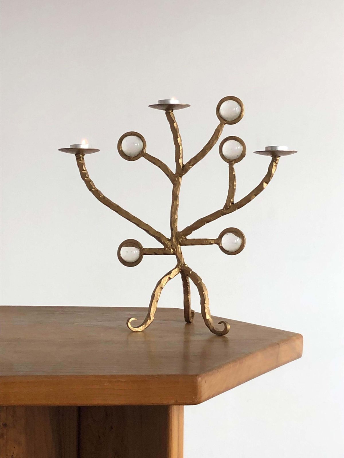 Brutalist Golden Shabby Chic Candelabra Candlestick In Wrought Iron, France 2001 photo vintage