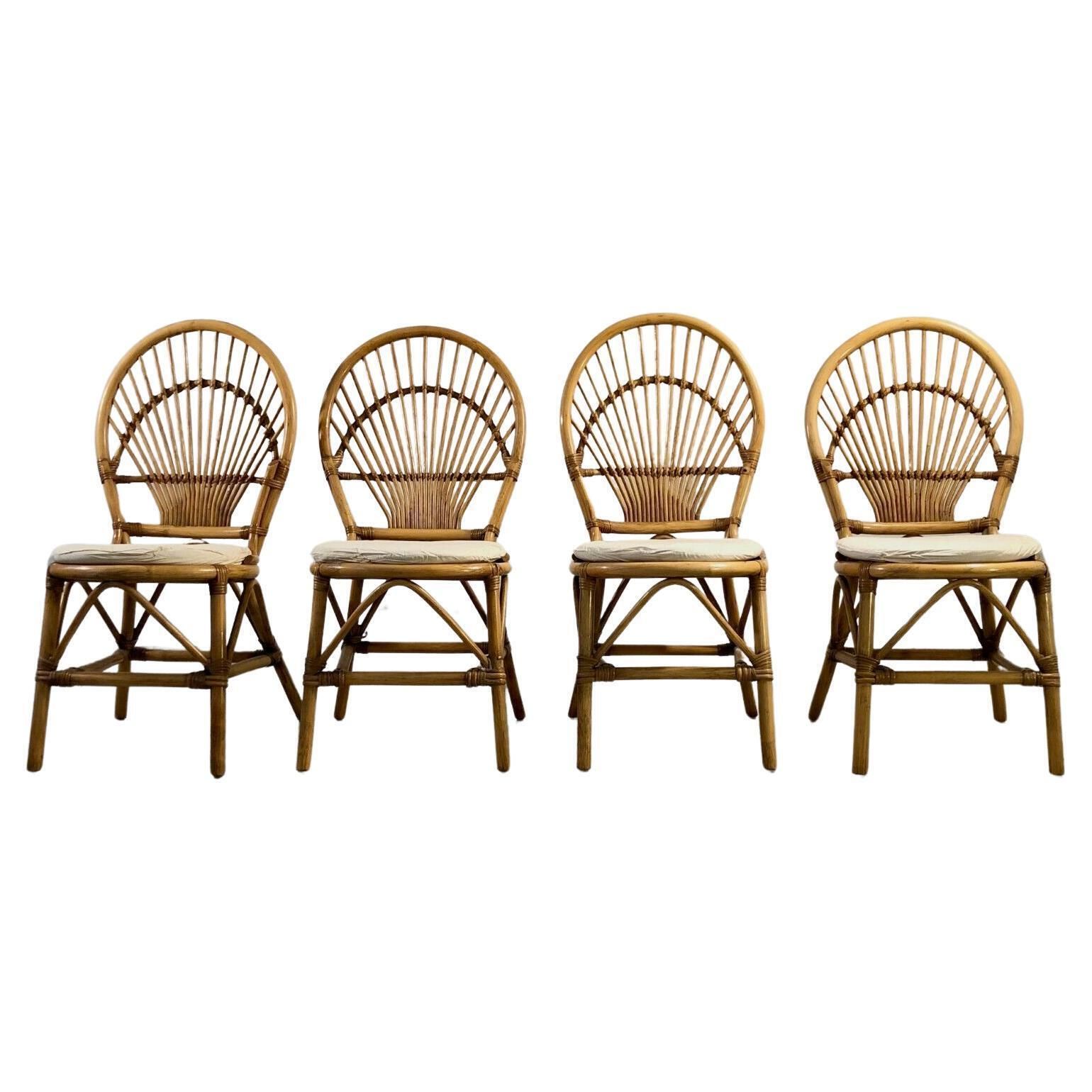 Set Of 4 Shabby Chic Bamboo Chairs In Audoux Minnet Style, France 1970