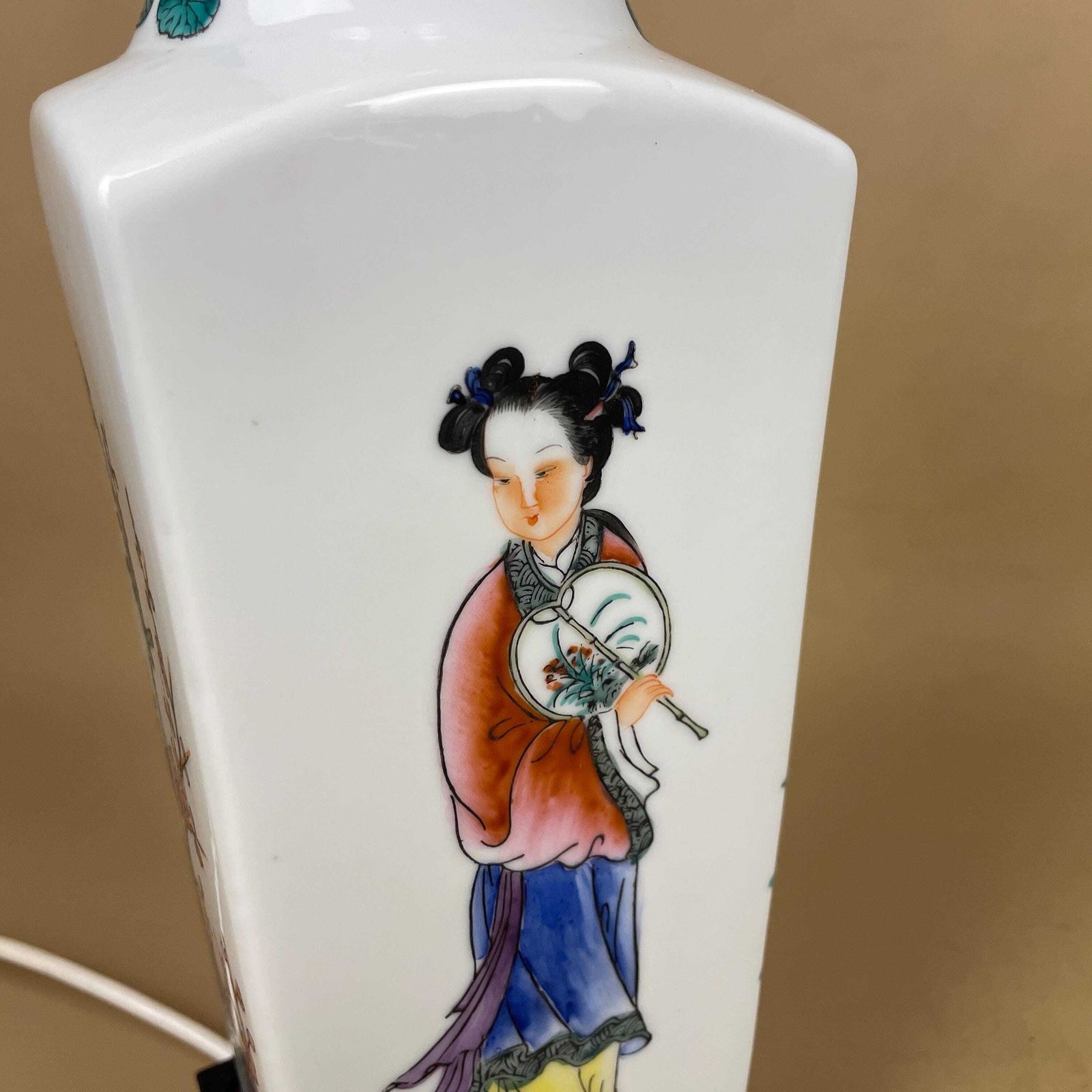 Vintage Ceramic Lamp Light Bedside Table Hand Painted Floral Design Pattern Wood Base Oriental Japanese Vase White Antique Brass Ginger Jar photo buy
