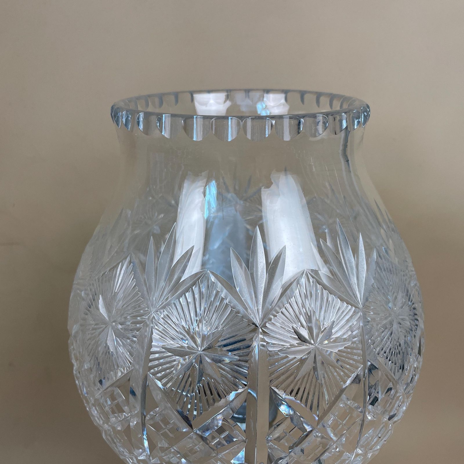 Antique Clear Cut Glass Lamp Light Bedside Table Silver Fitting Art Deco Scalloped Edge Vintage Dome Round Shade Patterned Pattern Oil photo for sale