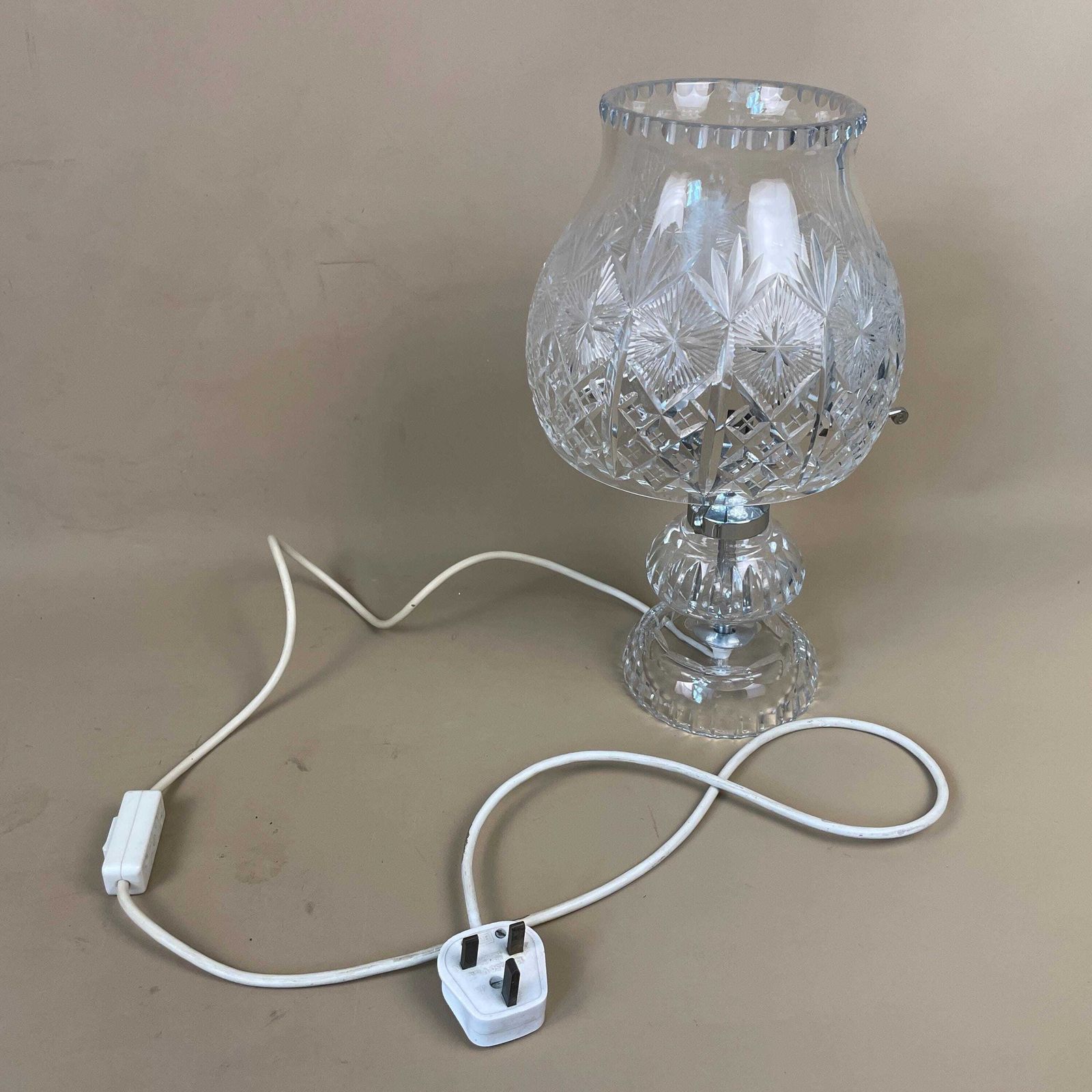 photo for sale Antique Clear Cut Glass Lamp Light Bedside Table Silver Fitting Art Deco Scalloped Edge Vintage Dome Round Shade Patterned Pattern Oil