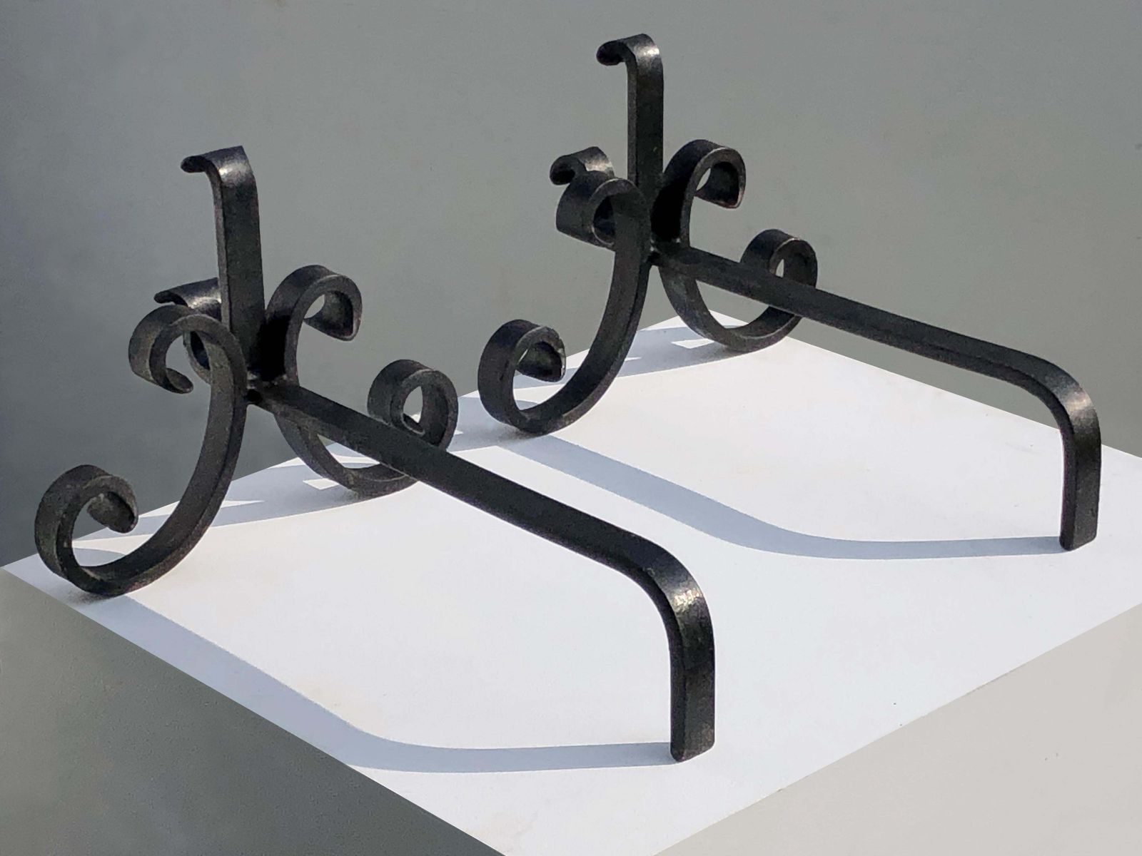 Pair Of Brutalist Neoclassical Shabby Chic Wrought Iron Andirons, France 1960 photo vintage