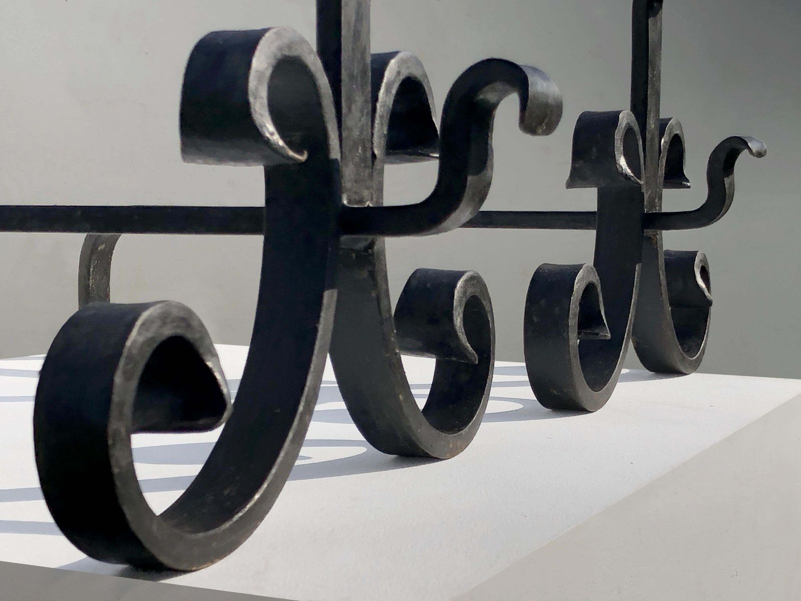 photo for sale Pair Of Brutalist Neoclassical Shabby Chic Wrought Iron Andirons, France 1960