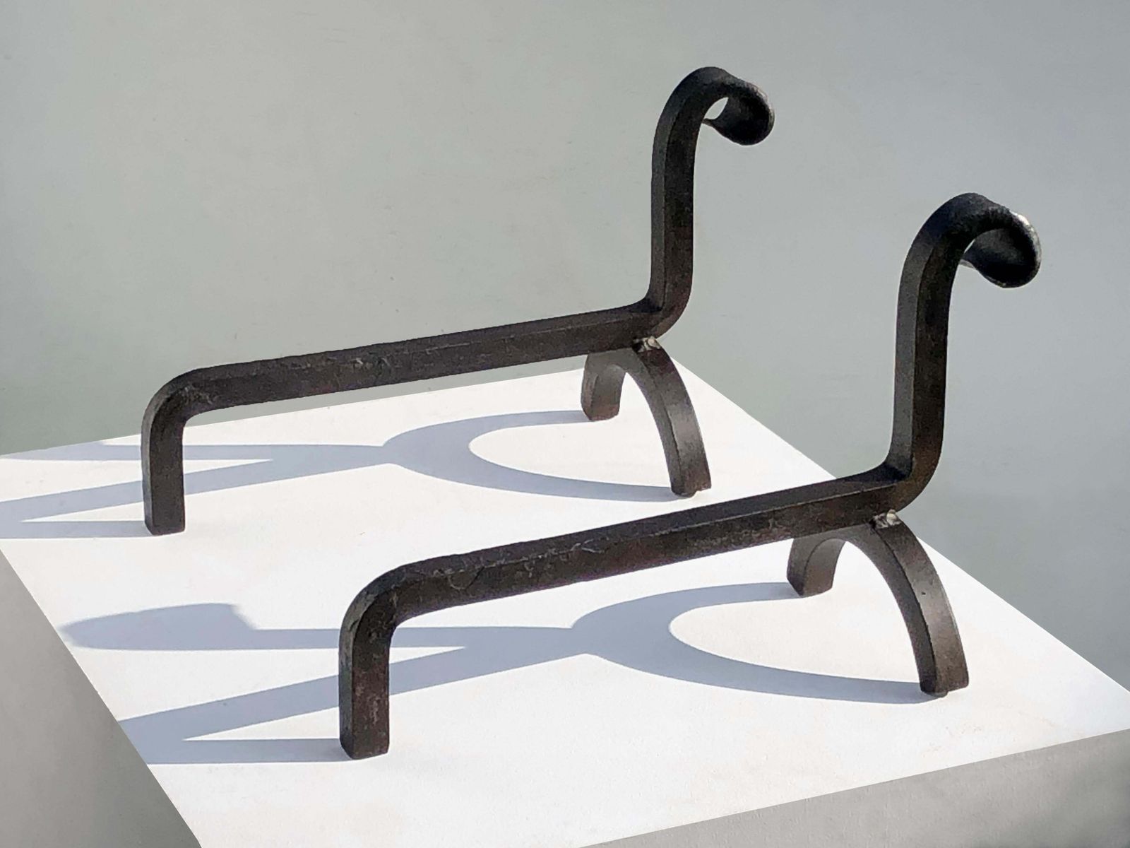 photo for sale Pair Of Art Deco Brutalist Shabby Chic Wrought Iron Andirons, France 1960