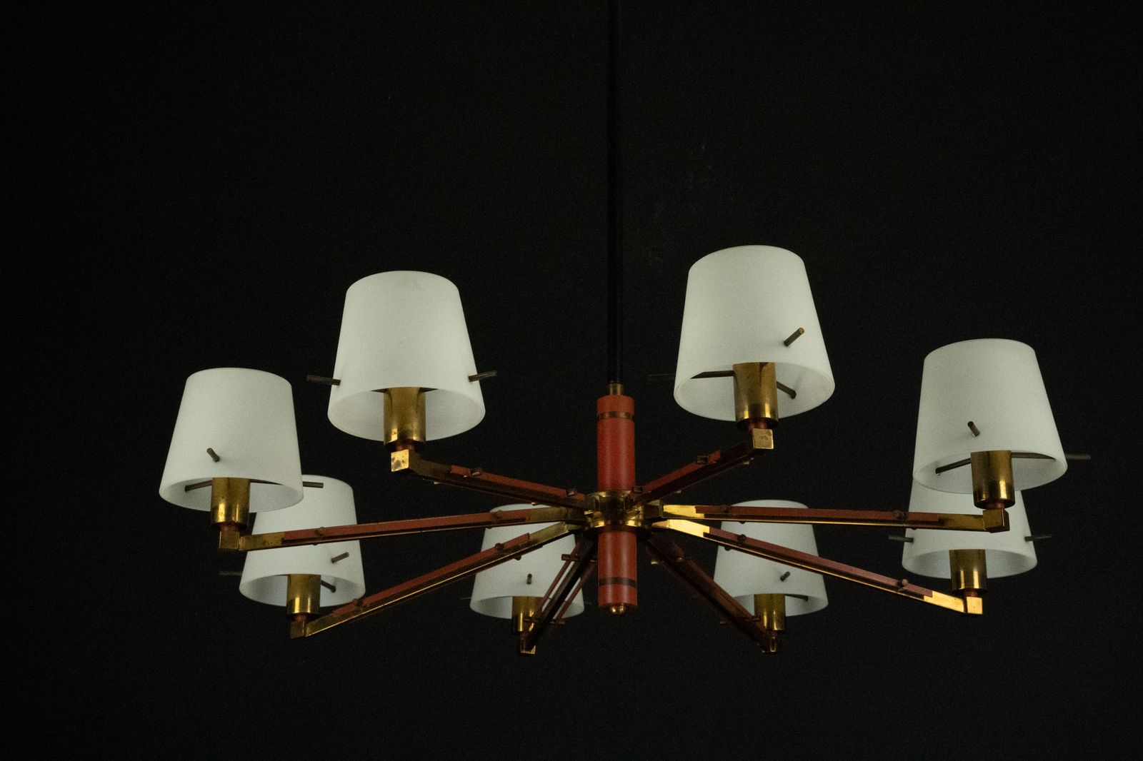 Mid Century 8 Arms Stilnovo Chandelier In Opaline, Brass And Red Lacquer. Italy 1950s photo furniture