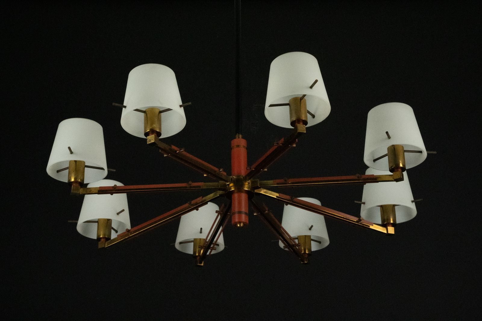 Mid Century 8 Arms Stilnovo Chandelier In Opaline, Brass And Red Lacquer. Italy 1950s photo for sale