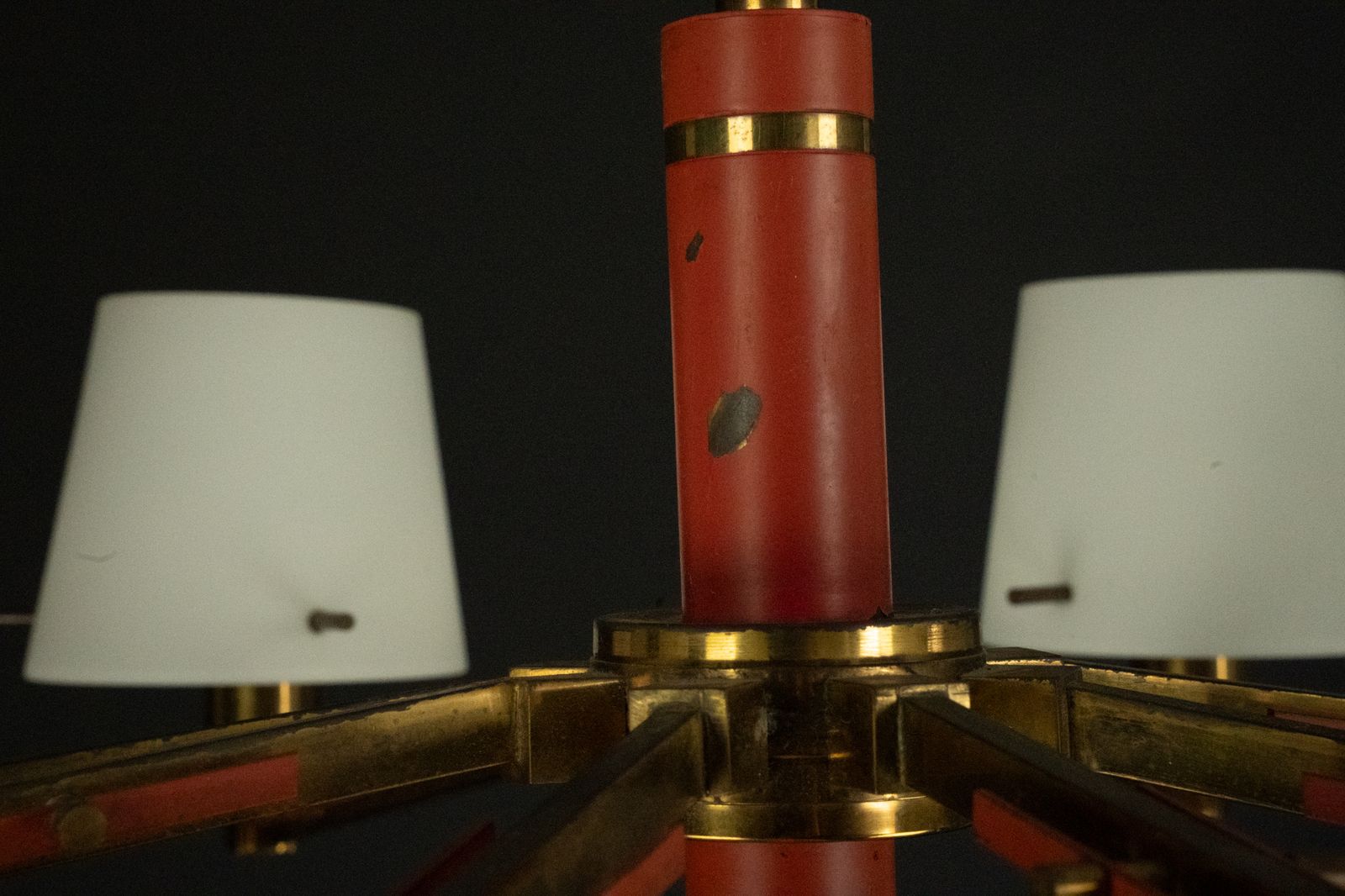 Mid Century 8 Arms Stilnovo Chandelier In Opaline, Brass And Red Lacquer. Italy 1950s photo 4550.0