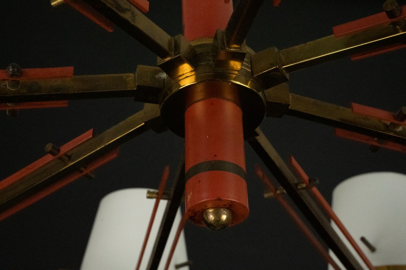 Mid Century 8 Arms Stilnovo Chandelier In Opaline, Brass And Red Lacquer. Italy 1950s photo buy