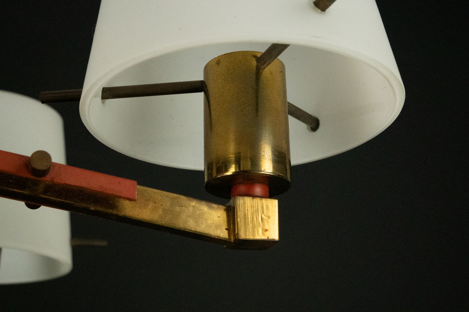 photo buy Mid Century 8 Arms Stilnovo Chandelier In Opaline, Brass And Red Lacquer. Italy 1950s