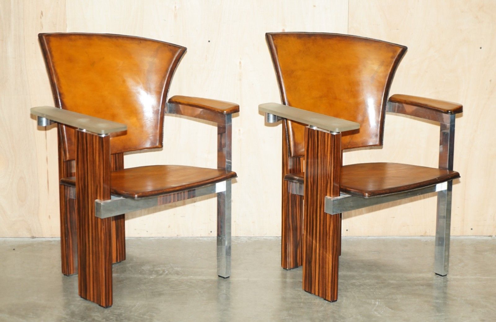 Pair Of Piece Unique 1970's French Modernist Asymmetrical Zebrano Wood Armchairs