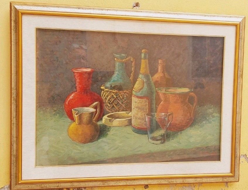 Oil Painting On Canvas Still Life Spartacus Piancastelli 50x70s 60s/70s photo furniture