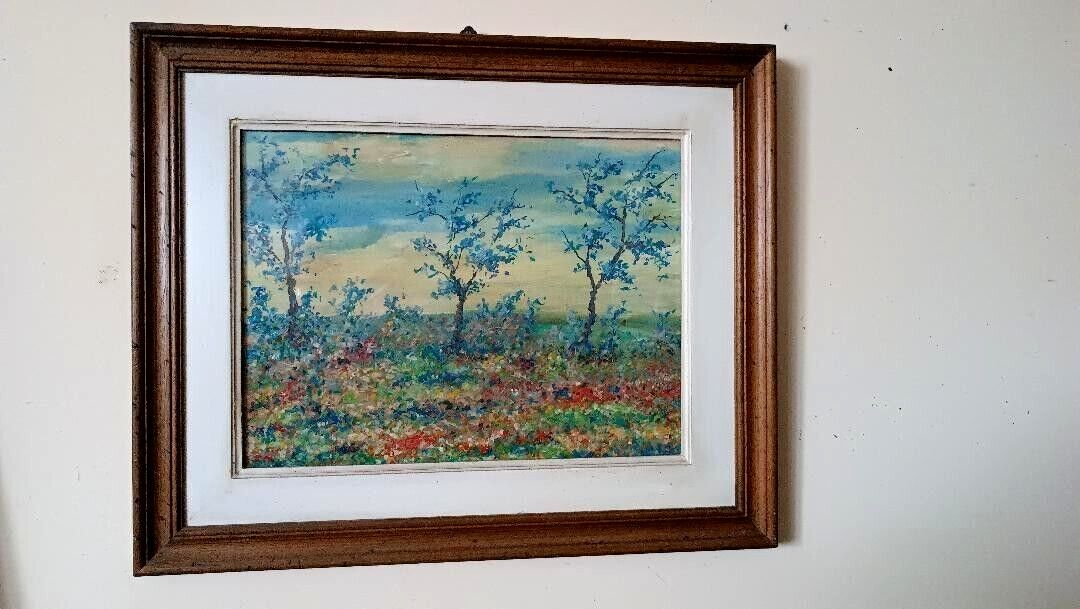 Oil Painting On Board Landscape Countryside Flowery Meadow Signed And Dated photo for sale