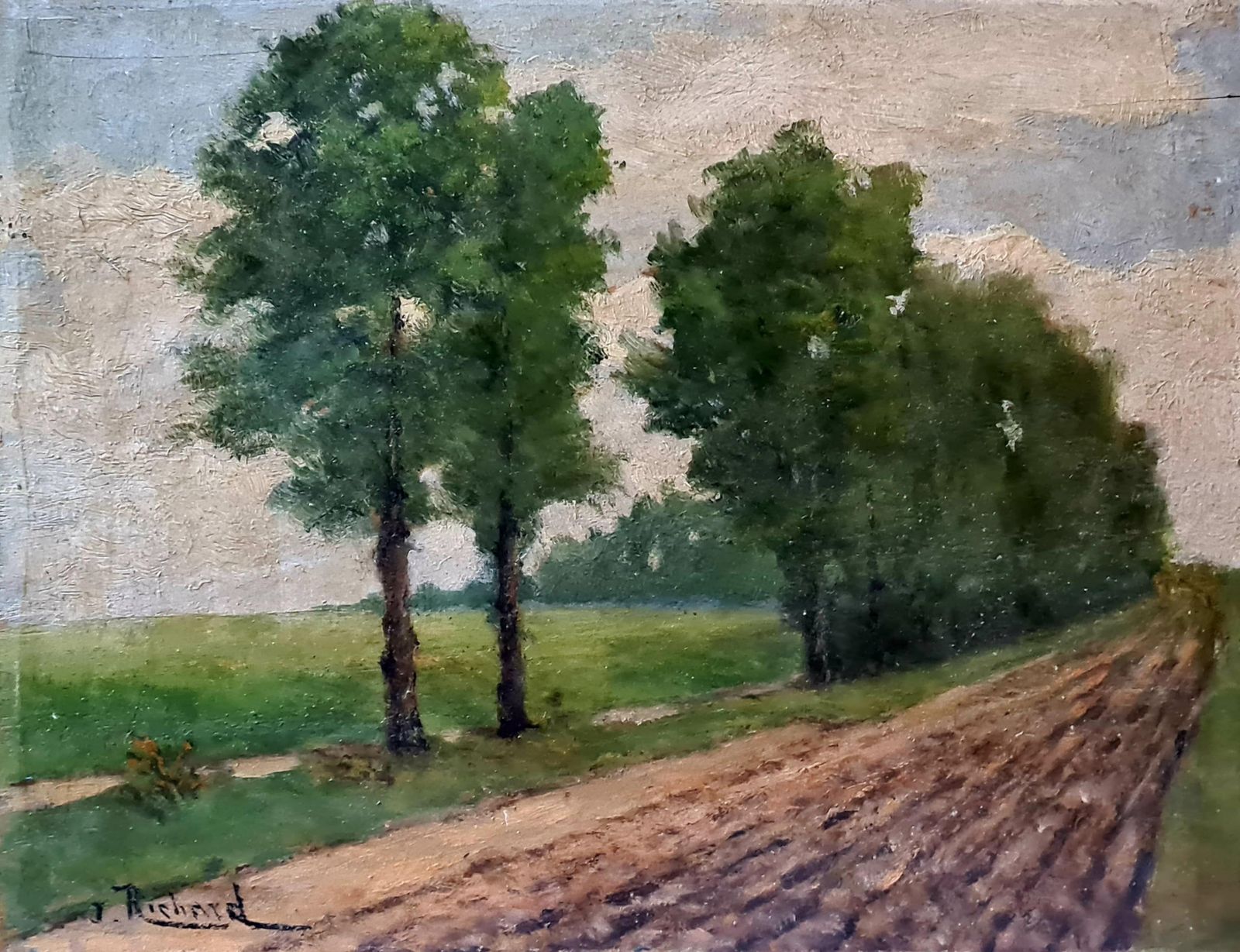 J Richardbarbizon School Landscape, The Poplar Trees, Late 19th Century Oil On Wood Panel