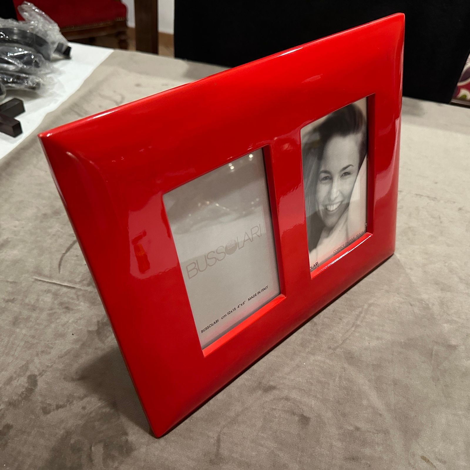 1990s Modern Red Lacquered Wood Italian Design Double Picture Frame By Bussolari photo Home Decor