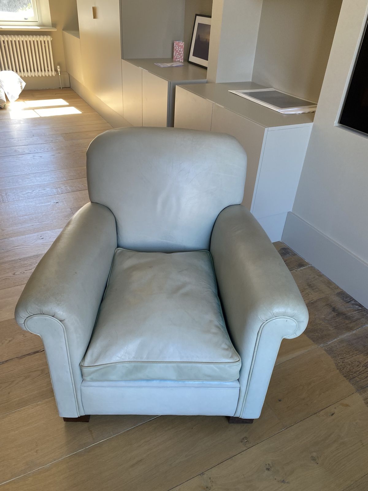 Mid Century Living Room Chair Upholstered In Duck Egg Blue Leather