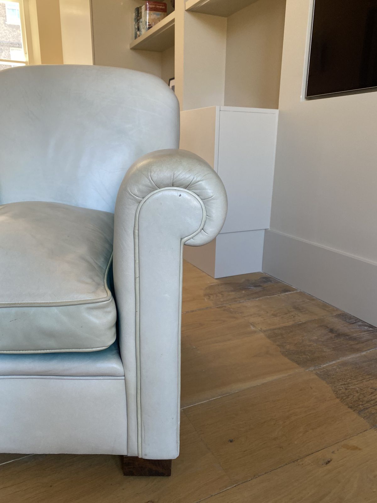 Mid Century Living Room Chair Upholstered In Duck Egg Blue Leather photo 200.0