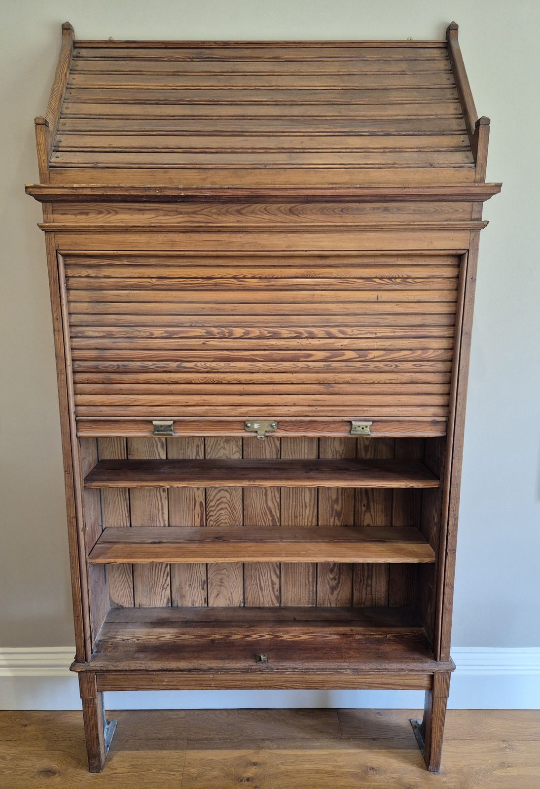 Antique Glasgow School Of Arts Wood Bookcase / Shelving W/Tambour Front 274cm H photo 995.0