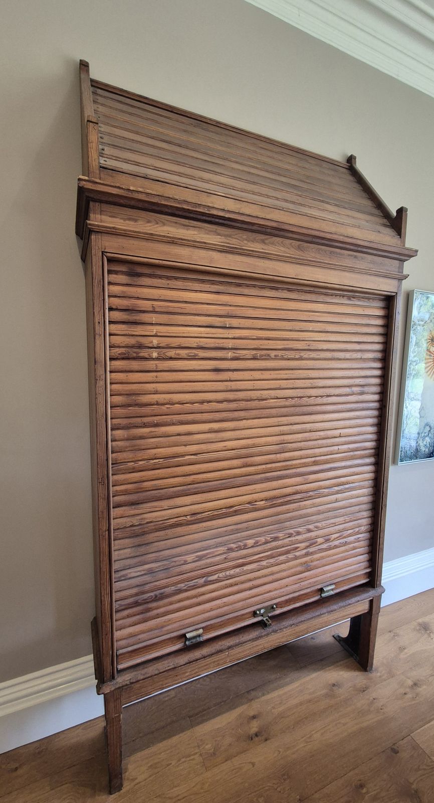 Antique Glasgow School Of Arts Wood Bookcase / Shelving W/Tambour Front 274cm H photo vintage