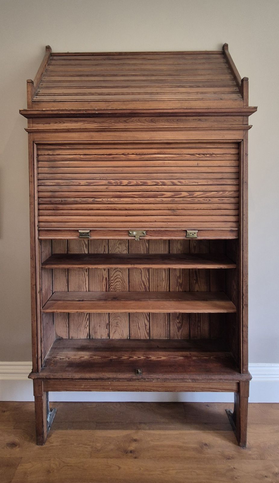 photo for sale Antique Glasgow School Of Arts Wood Bookcase / Shelving W/Tambour Front 274cm H